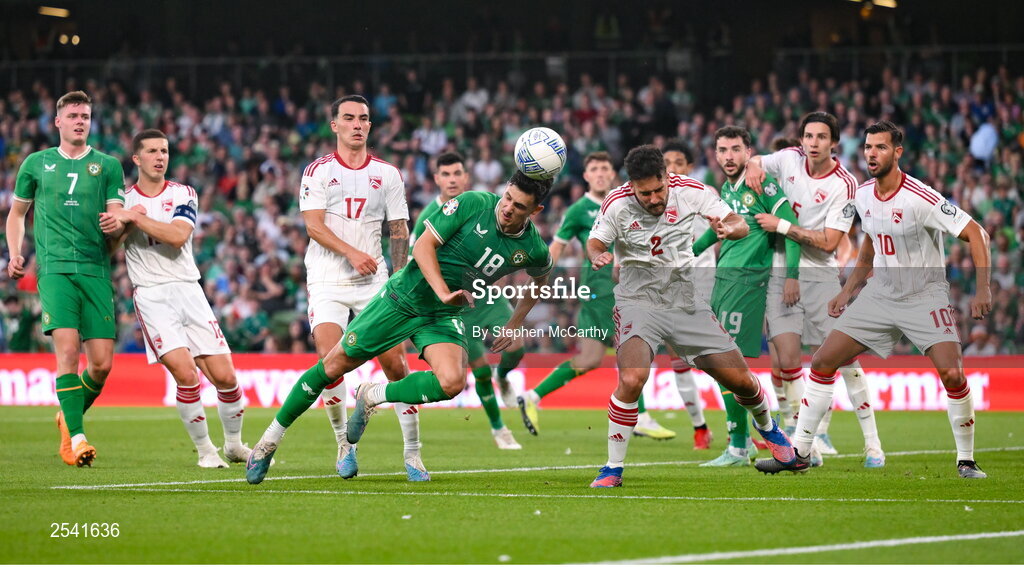 19 June 2023; Jamie McGrath of Republic of Ireland has an attempt on goal during the UEFA EURO 2024 Championship qualifying group B match between Republic of Ireland and Gibraltar at the Aviva Stadium in Dublin. Photo by Stephen McCarthy/Sportsfile