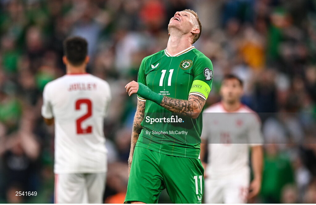 19 June 2023; James McClean of Republic of Ireland reacts during the UEFA EURO 2024 Championship qualifying group B match between Republic of Ireland and Gibraltar at the Aviva Stadium in Dublin. Photo by Stephen McCarthy/Sportsfile
