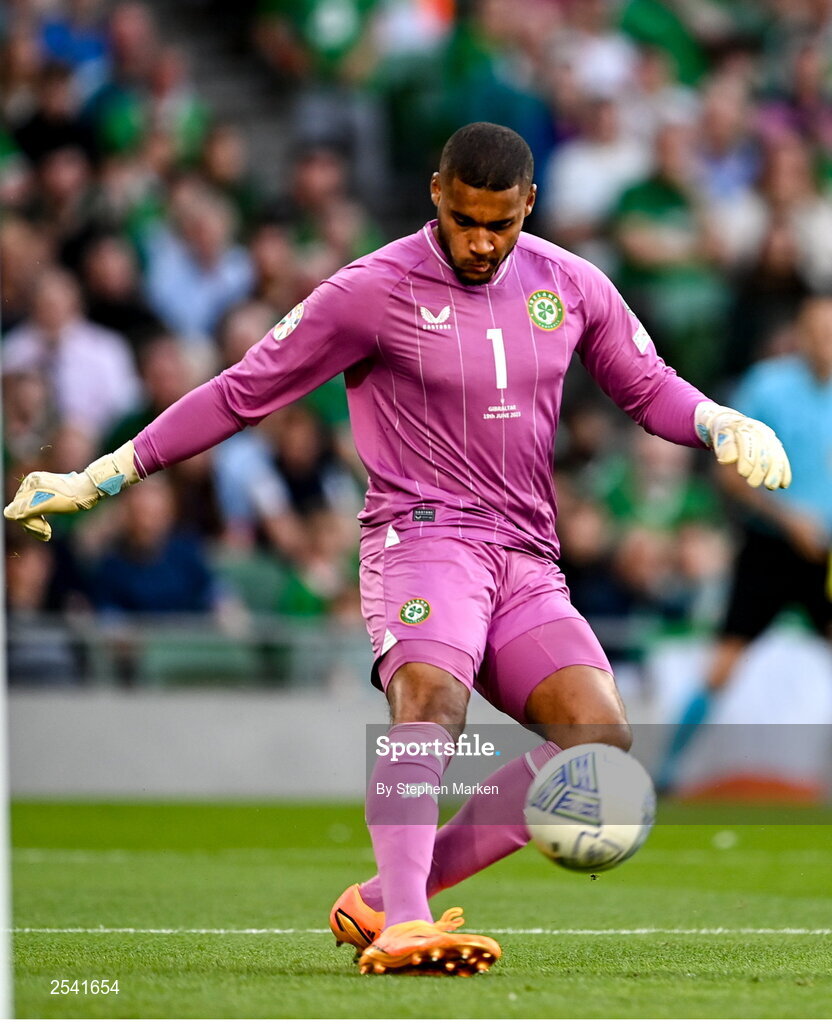 19 June 2023; Republic of Ireland goalkeeper Gavin Bazunu during the UEFA EURO 2024 Championship qualifying group B match between Republic of Ireland and Gibraltar at the Aviva Stadium in Dublin. Photo by Stephen Marken/Sportsfile