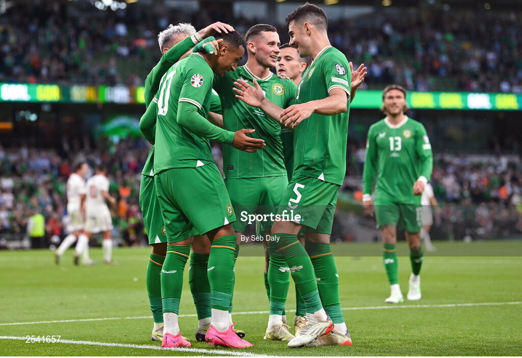 19 June 2023; Adam Idah of Republic of Ireland, left, celebrates with teammates after scoring his side's third goal during the UEFA EURO 2024 Championship qualifying group B match between Republic of Ireland and Gibraltar at the Aviva Stadium in Dublin. Photo by Seb Daly/Sportsfile