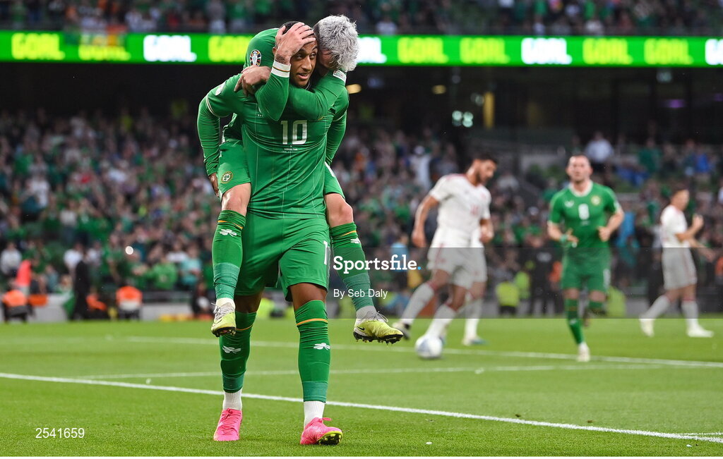 19 June 2023; Adam Idah of Republic of Ireland celebrates with teammate Troy Parrott after scoring his side's third goal during the UEFA EURO 2024 Championship qualifying group B match between Republic of Ireland and Gibraltar at the Aviva Stadium in Dublin. Photo by Seb Daly/Sportsfile