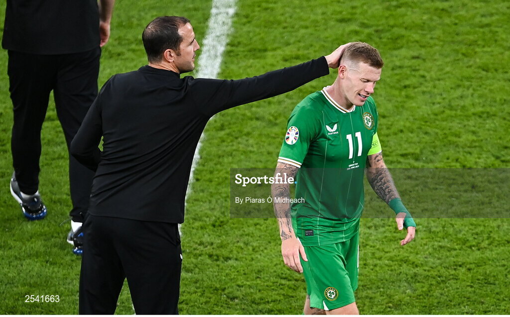19 June 2023; James McClean of Republic of Ireland, right, is congratulated by coach John O'Shea after the UEFA EURO 2024 Championship qualifying group B match between Republic of Ireland and Gibraltar at the Aviva Stadium in Dublin. Photo by Piaras Ó Mídheach/Sportsfile