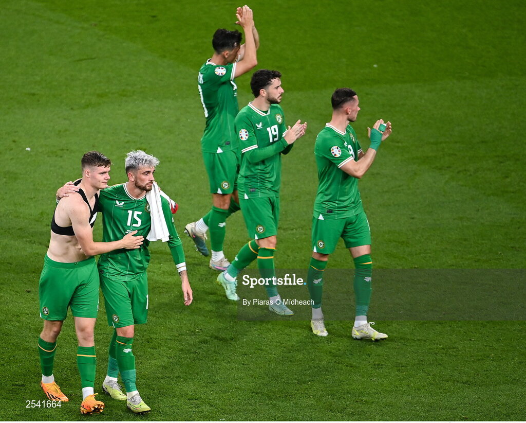 19 June 2023; Republic of Ireland players including Evan Ferguson, left, and Troy Parrott after the UEFA EURO 2024 Championship qualifying group B match between Republic of Ireland and Gibraltar at the Aviva Stadium in Dublin. Photo by Piaras Ó Mídheach/Sportsfile