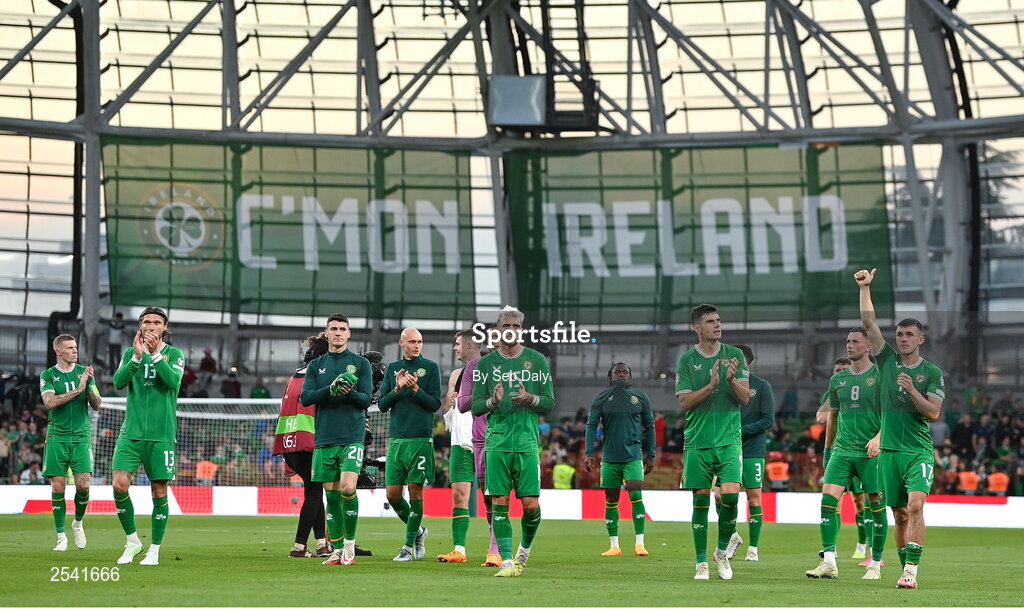 19 June 2023; Republic of Ireland players after the UEFA EURO 2024 Championship qualifying group B match between Republic of Ireland and Gibraltar at the Aviva Stadium in Dublin. Photo by Seb Daly/Sportsfile