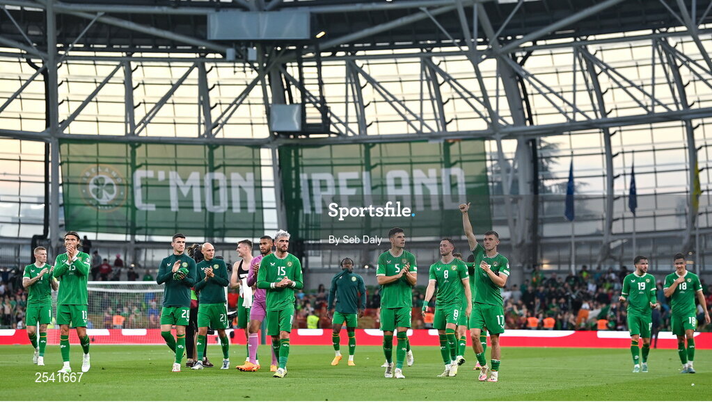19 June 2023; Republic of Ireland players after the UEFA EURO 2024 Championship qualifying group B match between Republic of Ireland and Gibraltar at the Aviva Stadium in Dublin. Photo by Seb Daly/Sportsfile