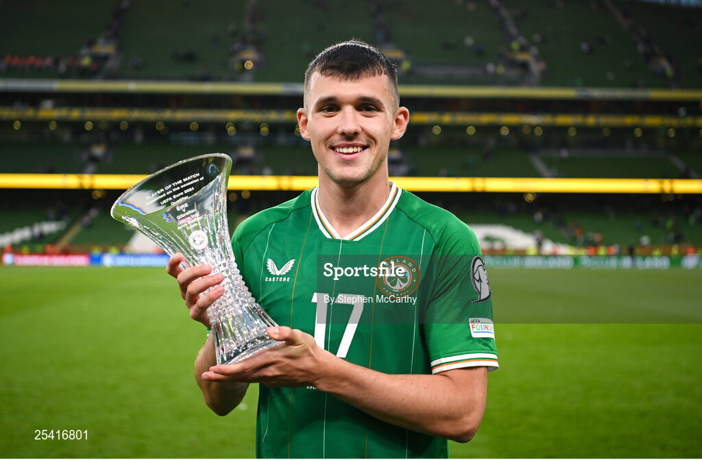 19 June 2023; Jason Knight of Republic of Ireland with his Carlsberg Player of the Match award after the UEFA EURO 2024 Championship qualifying group B match between Republic of Ireland and Gibraltar at the Aviva Stadium in Dublin. Photo by Stephen McCarthy/Sportsfile