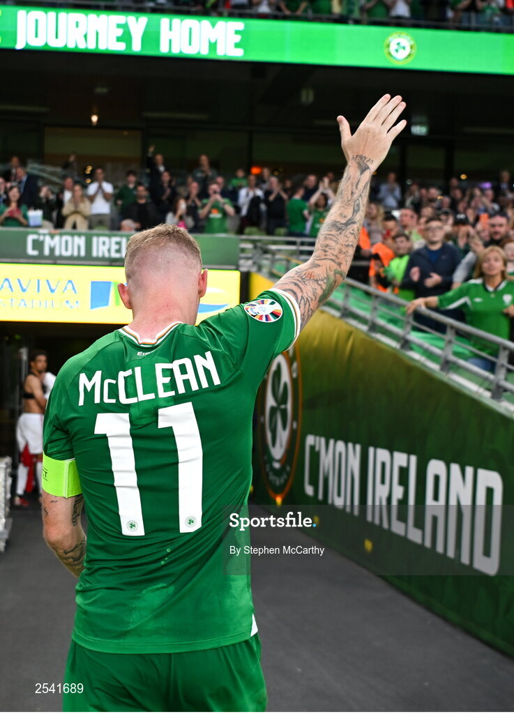 19 June 2023; James McClean of Republic of Ireland leaves the pitch after after the UEFA EURO 2024 Championship qualifying group B match between Republic of Ireland and Gibraltar at the Aviva Stadium in Dublin. Photo by Stephen McCarthy/Sportsfile