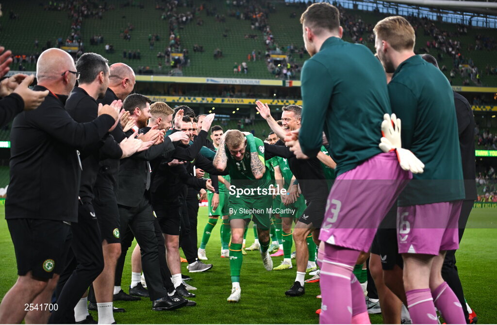 19 June 2023; James McClean of Republic of Ireland with teammates after the UEFA EURO 2024 Championship qualifying group B match between Republic of Ireland and Gibraltar at the Aviva Stadium in Dublin. Photo by Stephen McCarthy/Sportsfile