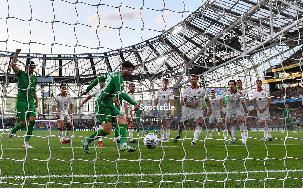 19 June 2023; Mikey Johnston of Republic of Ireland scores his side's first goal during the UEFA EURO 2024 Championship qualifying group B match between Republic of Ireland and Gibraltar at the Aviva Stadium in Dublin. Photo by Seb Daly/Sportsfile