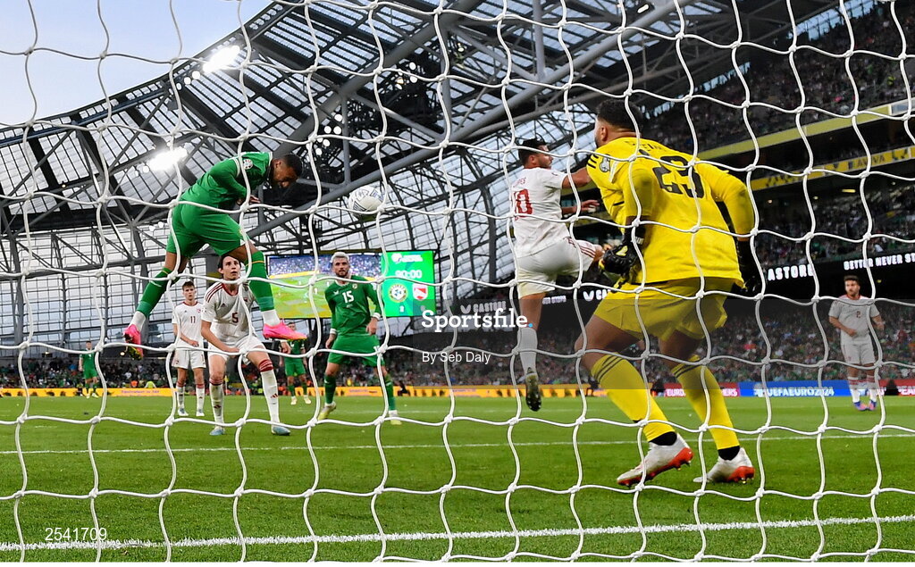 19 June 2023; Adam Idah of Republic of Ireland scores his side's third goal during the UEFA EURO 2024 Championship qualifying group B match between Republic of Ireland and Gibraltar at the Aviva Stadium in Dublin. Photo by Seb Daly/Sportsfile