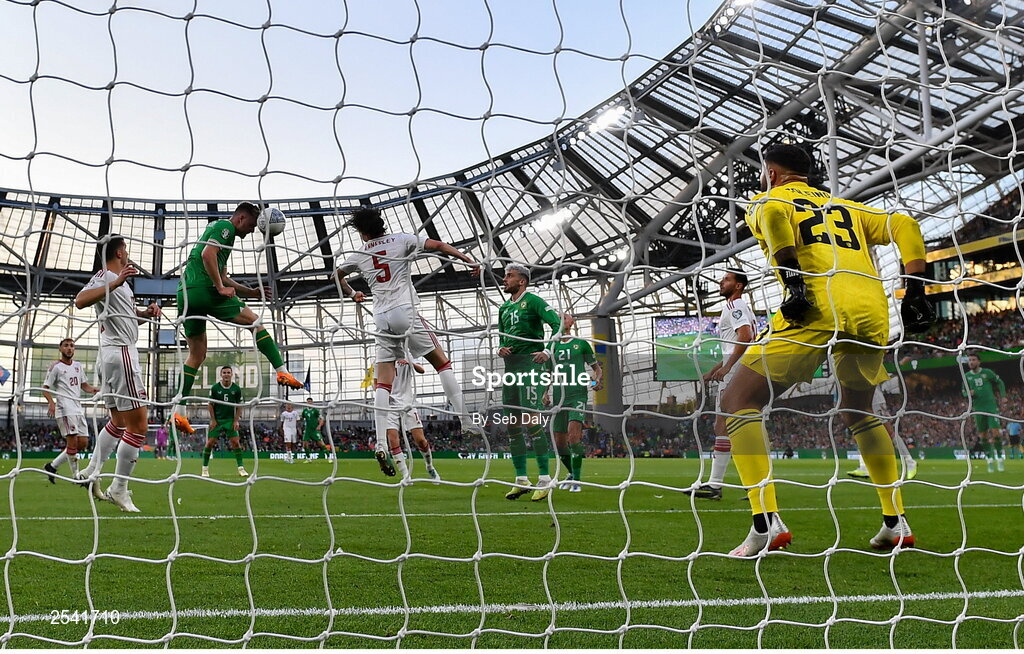 19 June 2023; Evan Ferguson of Republic of Ireland scores his side's second goal during the UEFA EURO 2024 Championship qualifying group B match between Republic of Ireland and Gibraltar at the Aviva Stadium in Dublin. Photo by Seb Daly/Sportsfile