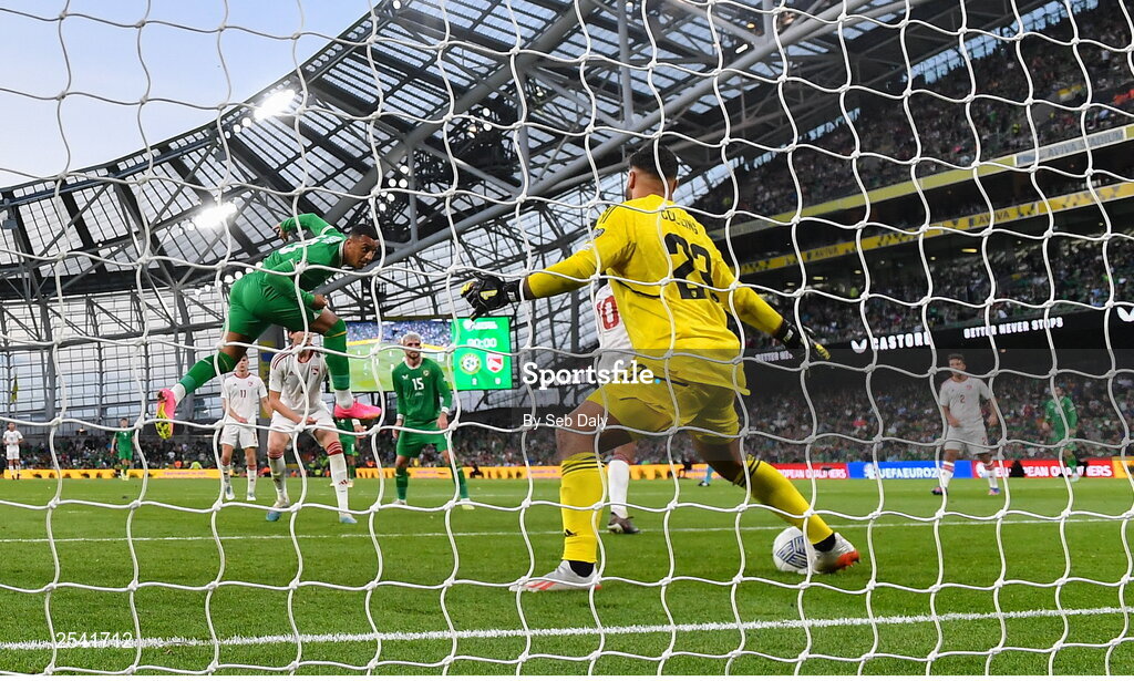 19 June 2023; Adam Idah of Republic of Ireland scores his side's third goal during the UEFA EURO 2024 Championship qualifying group B match between Republic of Ireland and Gibraltar at the Aviva Stadium in Dublin. Photo by Seb Daly/Sportsfile