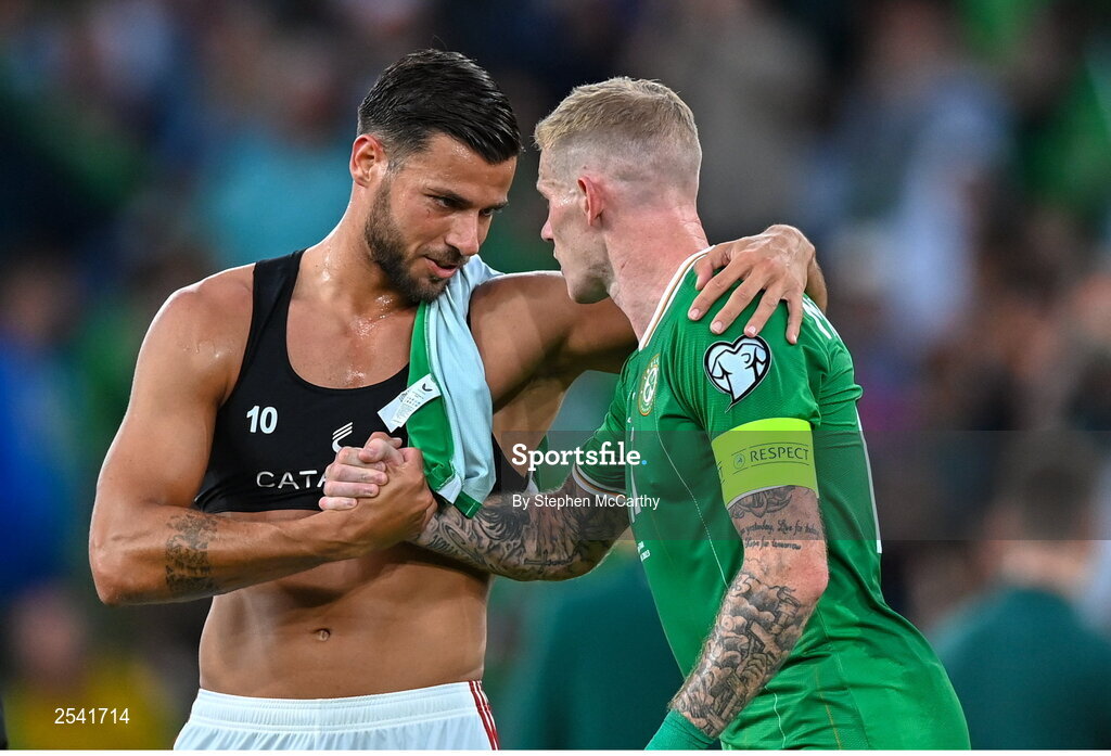 19 June 2023; James McClean of Republic of Ireland with Bernardo Lopes of Gibraltar after the UEFA EURO 2024 Championship qualifying group B match between Republic of Ireland and Gibraltar at the Aviva Stadium in Dublin. Photo by Stephen McCarthy/Sportsfile