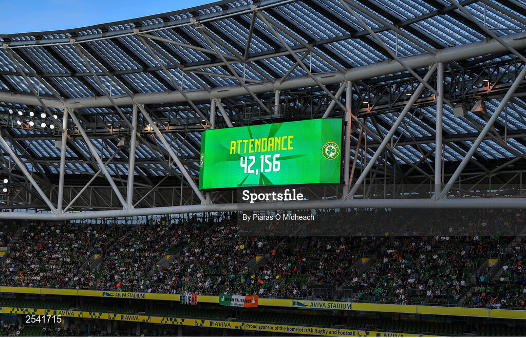 19 June 2023; The official attendance is displayed near the end of the UEFA EURO 2024 Championship qualifying group B match between Republic of Ireland and Gibraltar at the Aviva Stadium in Dublin. Photo by Piaras Ó Mídheach/Sportsfile
