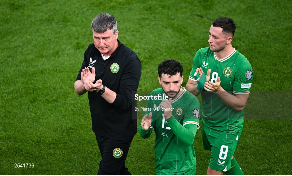 19 June 2023; Republic of Ireland manager Stephen Kenny with Mikey Johnston, centre, and Alan Browne after the UEFA EURO 2024 Championship qualifying group B match between Republic of Ireland and Gibraltar at the Aviva Stadium in Dublin. Photo by Piaras Ó Mídheach/Sportsfile