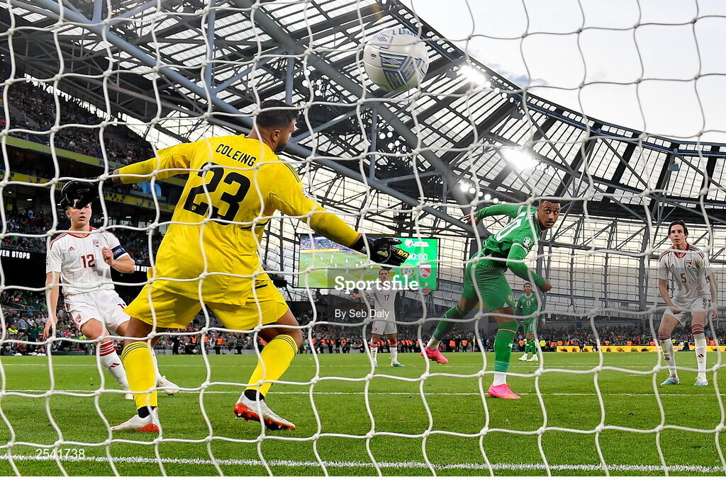 19 June 2023; Adam Idah of Republic of Ireland scores his side's third goal during the UEFA EURO 2024 Championship qualifying group B match between Republic of Ireland and Gibraltar at the Aviva Stadium in Dublin. Photo by Seb Daly/Sportsfile