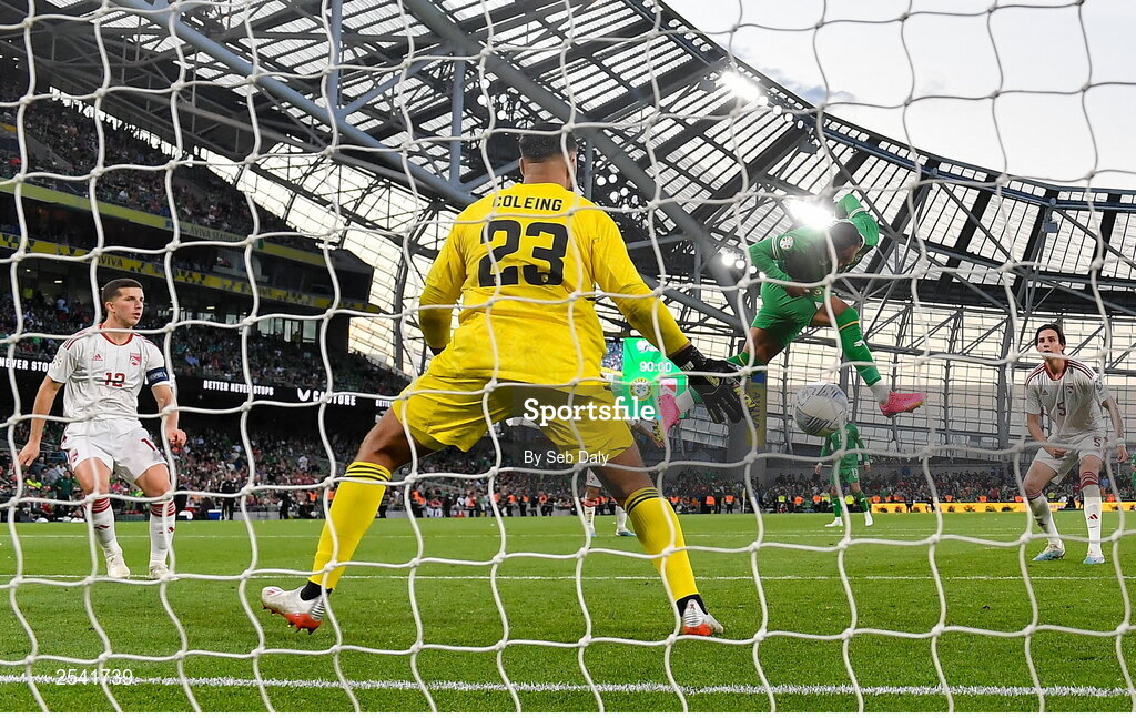 19 June 2023; Adam Idah of Republic of Ireland scores his side's third goal during the UEFA EURO 2024 Championship qualifying group B match between Republic of Ireland and Gibraltar at the Aviva Stadium in Dublin. Photo by Seb Daly/Sportsfile