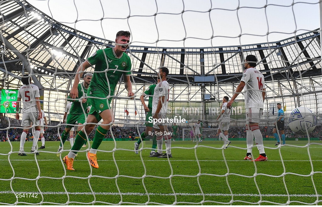 19 June 2023; Evan Ferguson of Republic of Ireland celebrates after scoring his side's second goal during the UEFA EURO 2024 Championship qualifying group B match between Republic of Ireland and Gibraltar at the Aviva Stadium in Dublin. Photo by Seb Daly/Sportsfile