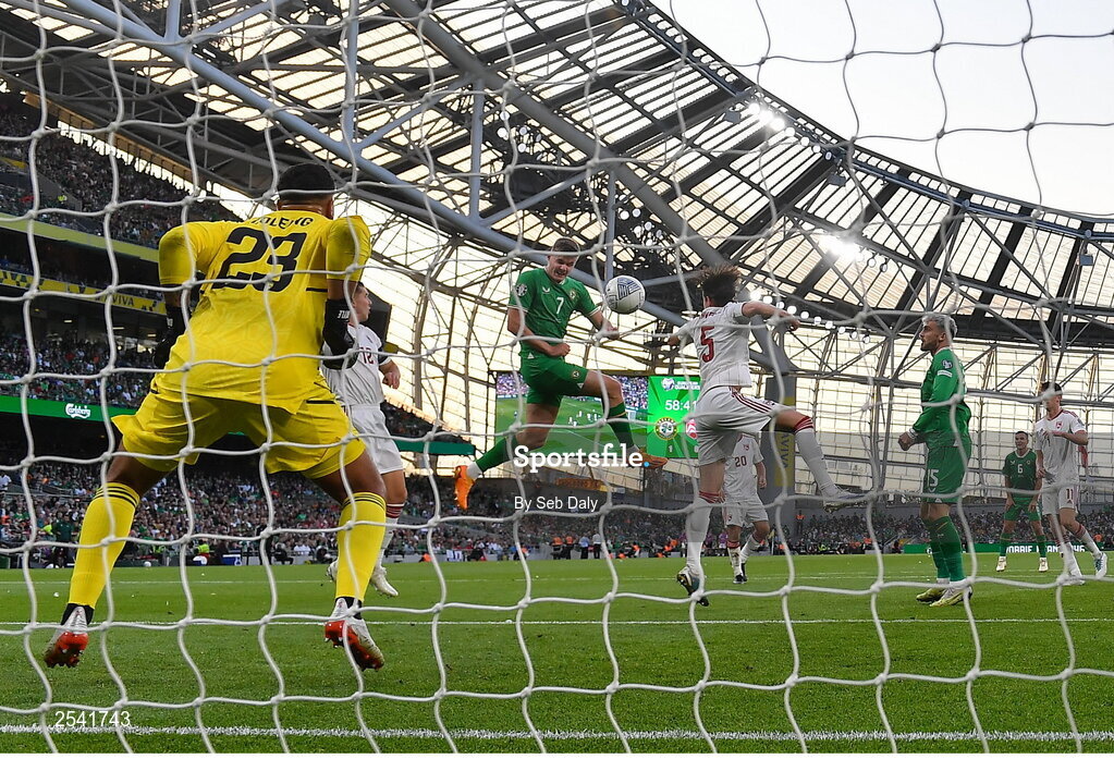 19 June 2023; Evan Ferguson of Republic of Ireland scores his side's second goal during the UEFA EURO 2024 Championship qualifying group B match between Republic of Ireland and Gibraltar at the Aviva Stadium in Dublin. Photo by Seb Daly/Sportsfile