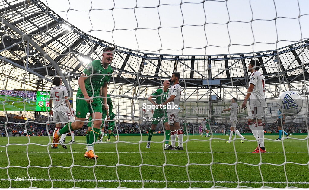 19 June 2023; Evan Ferguson of Republic of Ireland celebrates after scoring his side's second goal during the UEFA EURO 2024 Championship qualifying group B match between Republic of Ireland and Gibraltar at the Aviva Stadium in Dublin. Photo by Seb Daly/Sportsfile