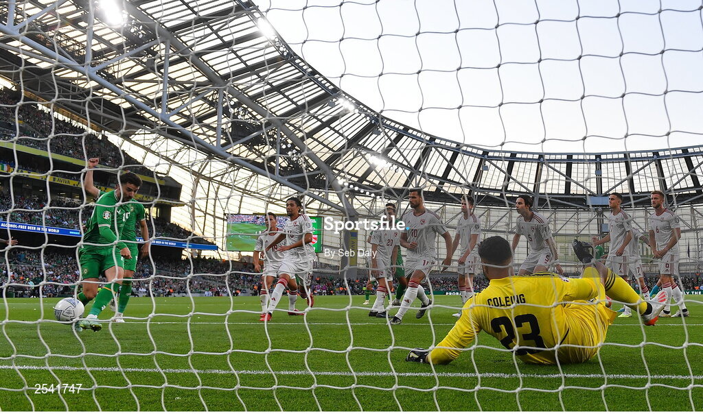 19 June 2023; Mikey Johnston of Republic of Ireland, left, scores his side's first goal during the UEFA EURO 2024 Championship qualifying group B match between Republic of Ireland and Gibraltar at the Aviva Stadium in Dublin. Photo by Seb Daly/Sportsfile