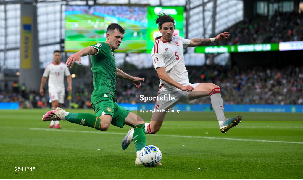19 June 2023; Jason Knight of Republic of Ireland in action against Louie Annesley of Gibraltar during the UEFA EURO 2024 Championship qualifying group B match between Republic of Ireland and Gibraltar at the Aviva Stadium in Dublin. Photo by Stephen McCarthy/Sportsfile