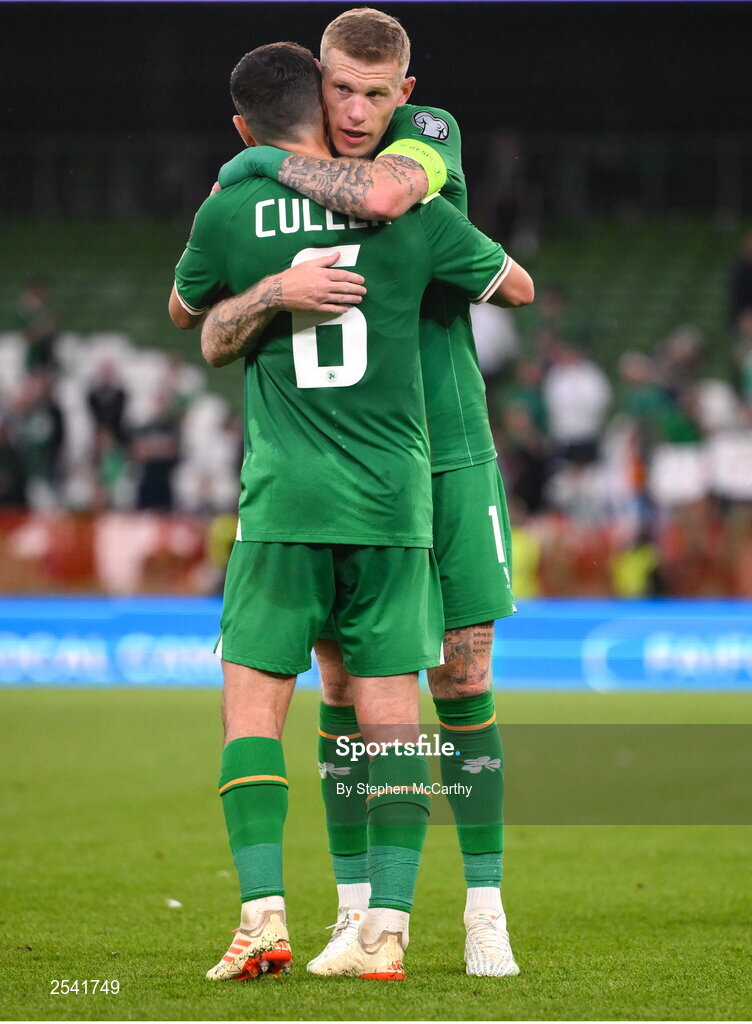 19 June 2023; James McClean of Republic of Ireland with teammate Josh Cullen after the UEFA EURO 2024 Championship qualifying group B match between Republic of Ireland and Gibraltar at the Aviva Stadium in Dublin. Photo by Stephen McCarthy/Sportsfile