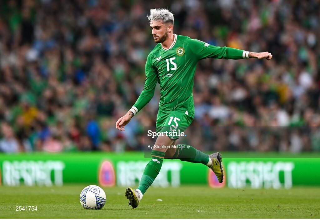 19 June 2023; Troy Parrott of Republic of Ireland during the UEFA EURO 2024 Championship qualifying group B match between Republic of Ireland and Gibraltar at the Aviva Stadium in Dublin. Photo by Stephen McCarthy/Sportsfile