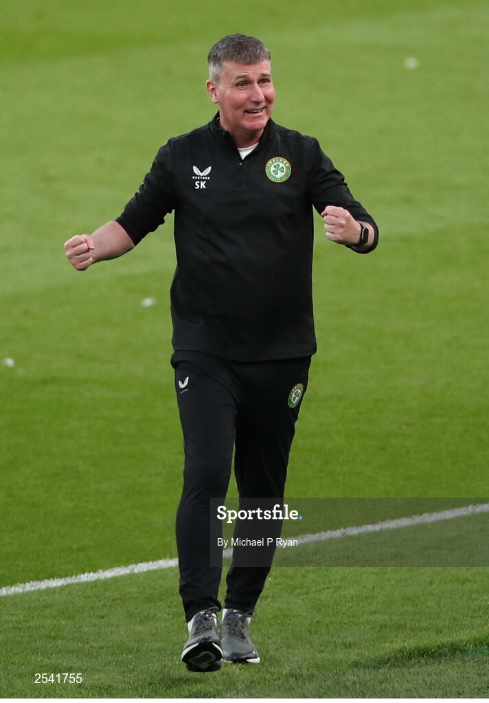 19 June 2023; Republic of Ireland manager Stephen Kenny celebrates his side's third goal scored by Adam Idah of Republic of Ireland during the UEFA EURO 2024 Championship qualifying group B match between Republic of Ireland and Gibraltar at the Aviva Stadium in Dublin. Photo by Michael P Ryan/Sportsfile