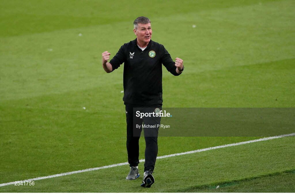 19 June 2023; Republic of Ireland manager Stephen Kenny celebrates his side's third goal scored by Adam Idah of Republic of Ireland during the UEFA EURO 2024 Championship qualifying group B match between Republic of Ireland and Gibraltar at the Aviva Stadium in Dublin. Photo by Michael P Ryan/Sportsfile