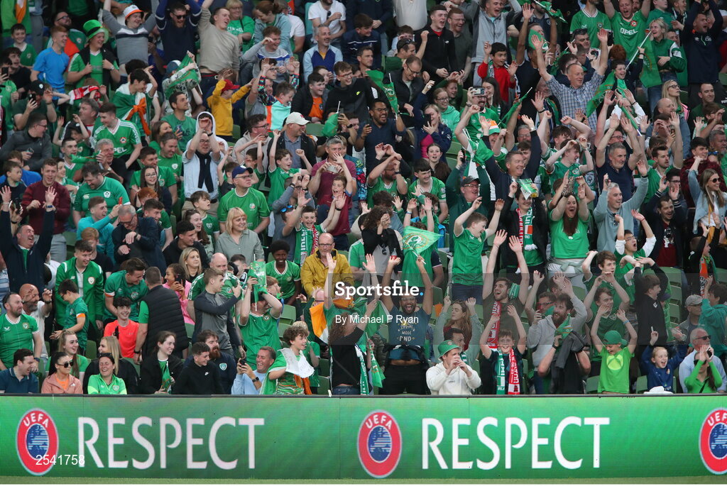 19 June 2023; Republic of Ireland supporters during the UEFA EURO 2024 Championship qualifying group B match between Republic of Ireland and Gibraltar at the Aviva Stadium in Dublin. Photo by Michael P Ryan/Sportsfile