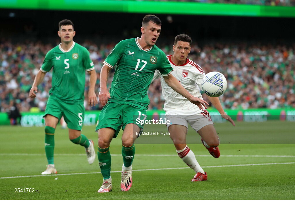 19 June 2023; Jason Knight of Republic of Ireland in action against Tjay De Barr of Gibraltar during the UEFA EURO 2024 Championship qualifying group B match between Republic of Ireland and Gibraltar at the Aviva Stadium in Dublin. Photo by Michael P Ryan/Sportsfile