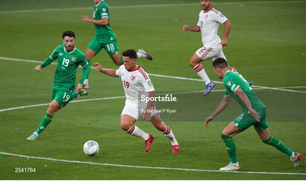 19 June 2023; Tjay De Barr of Gibraltar in action against Mikey Johnston and John Egan of Republic of Ireland during the UEFA EURO 2024 Championship qualifying group B match between Republic of Ireland and Gibraltar at the Aviva Stadium in Dublin. Photo by Michael P Ryan/Sportsfile