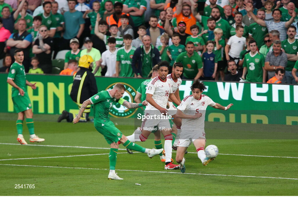 19 June 2023; James McClean of Republic of Ireland has a shot on goal during the UEFA EURO 2024 Championship qualifying group B match between Republic of Ireland and Gibraltar at the Aviva Stadium in Dublin. Photo by Michael P Ryan/Sportsfile