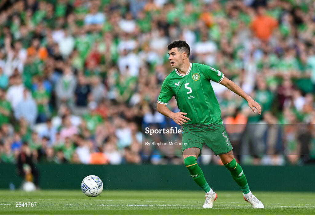 19 June 2023; John Egan of Republic of Ireland during the UEFA EURO 2024 Championship qualifying group B match between Republic of Ireland and Gibraltar at the Aviva Stadium in Dublin. Photo by Stephen McCarthy/Sportsfile
