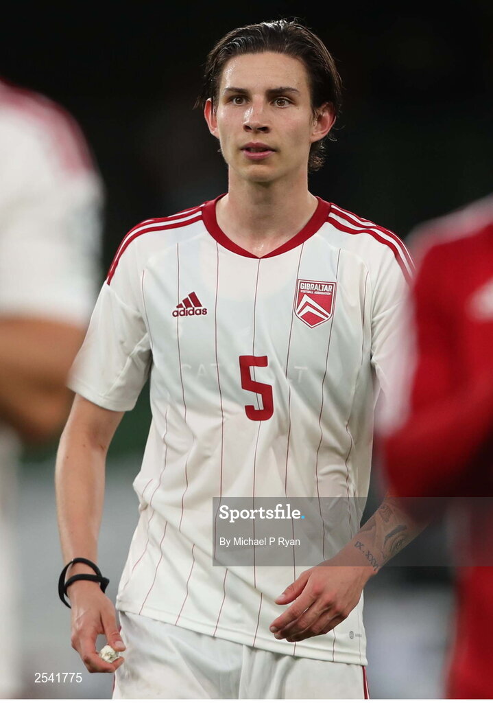 19 June 2023; Louie Annesley of Gibraltar after the UEFA EURO 2024 Championship qualifying group B match between Republic of Ireland and Gibraltar at the Aviva Stadium in Dublin. Photo by Michael P Ryan/Sportsfile