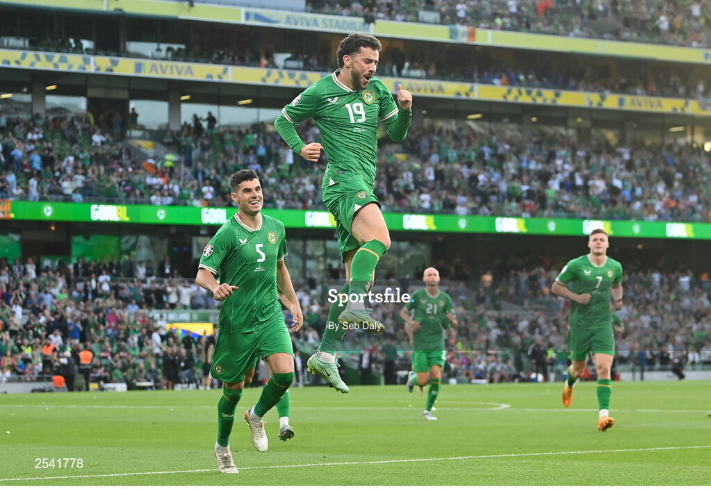 19 June 2023; Mikey Johnston of Republic of Ireland celebrates after scoring his side's first goal during the UEFA EURO 2024 Championship qualifying group B match between Republic of Ireland and Gibraltar at the Aviva Stadium in Dublin. Photo by Seb Daly/Sportsfile