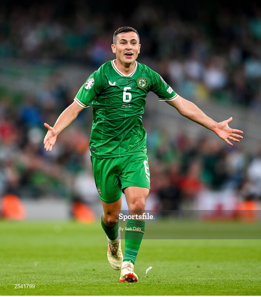 19 June 2023; Josh Cullen of Republic of Ireland during the UEFA EURO 2024 Championship qualifying group B match between Republic of Ireland and Gibraltar at the Aviva Stadium in Dublin. Photo by Seb Daly/Sportsfile