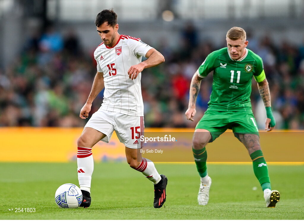 19 June 2023; Scott Ballantine of Gibraltar in action against James McClean of Republic of Ireland during the UEFA EURO 2024 Championship qualifying group B match between Republic of Ireland and Gibraltar at the Aviva Stadium in Dublin. Photo by Seb Daly/Sportsfile