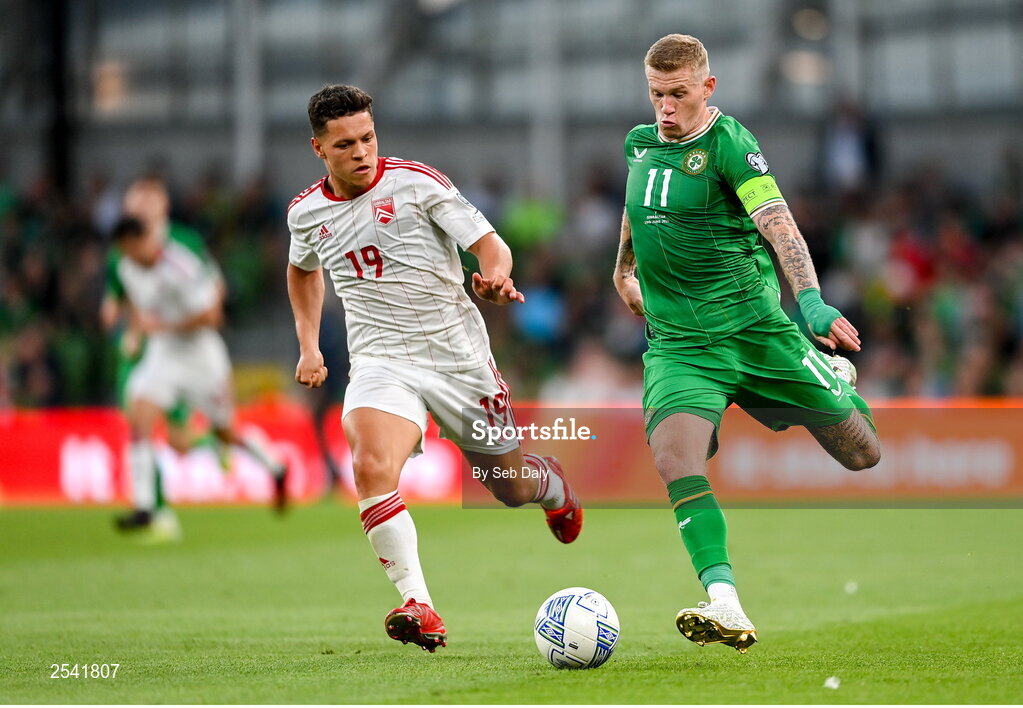 19 June 2023; James McClean of Republic of Ireland in action against Tjay De Barr of Gibraltar during the UEFA EURO 2024 Championship qualifying group B match between Republic of Ireland and Gibraltar at the Aviva Stadium in Dublin. Photo by Seb Daly/Sportsfile