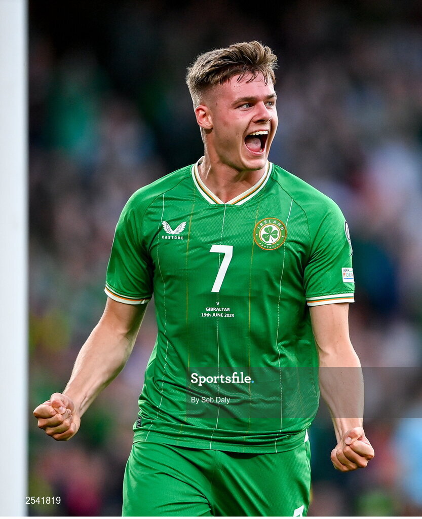 19 June 2023; Evan Ferguson of Republic of Ireland celebrates after scoring his side's second goal during the UEFA EURO 2024 Championship qualifying group B match between Republic of Ireland and Gibraltar at the Aviva Stadium in Dublin. Photo by Seb Daly/Sportsfile