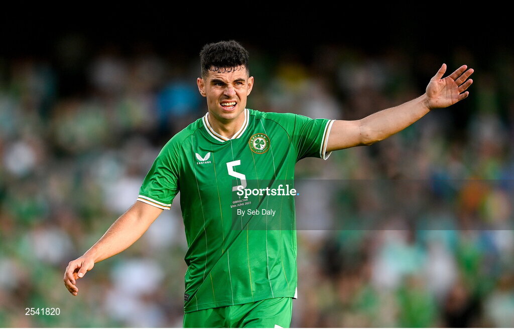 19 June 2023; John Egan of Republic of Ireland during the UEFA EURO 2024 Championship qualifying group B match between Republic of Ireland and Gibraltar at the Aviva Stadium in Dublin. Photo by Seb Daly/Sportsfile