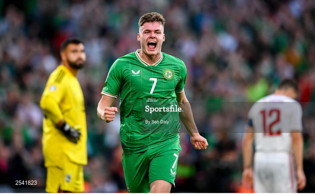 19 June 2023; Evan Ferguson of Republic of Ireland celebrates after scoring his side's second goal during the UEFA EURO 2024 Championship qualifying group B match between Republic of Ireland and Gibraltar at the Aviva Stadium in Dublin. Photo by Seb Daly/Sportsfile