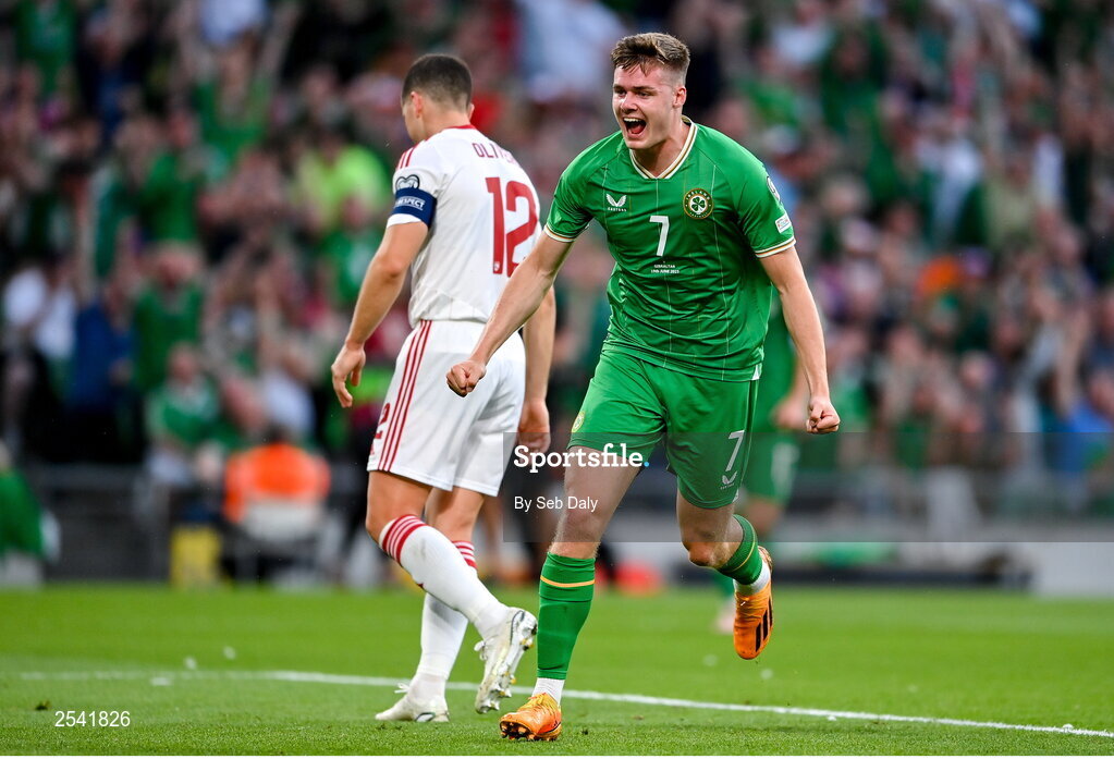 19 June 2023; Evan Ferguson of Republic of Ireland celebrates after scoring his side's second goal during the UEFA EURO 2024 Championship qualifying group B match between Republic of Ireland and Gibraltar at the Aviva Stadium in Dublin. Photo by Seb Daly/Sportsfile