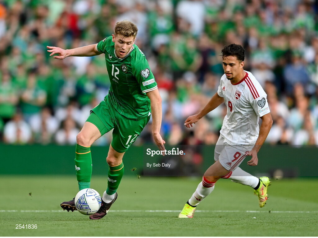 19 June 2023; Nathan Collins of Republic of Ireland in action against Ayoub El Hmidi of Gibraltar during the UEFA EURO 2024 Championship qualifying group B match between Republic of Ireland and Gibraltar at the Aviva Stadium in Dublin. Photo by Seb Daly/Sportsfile