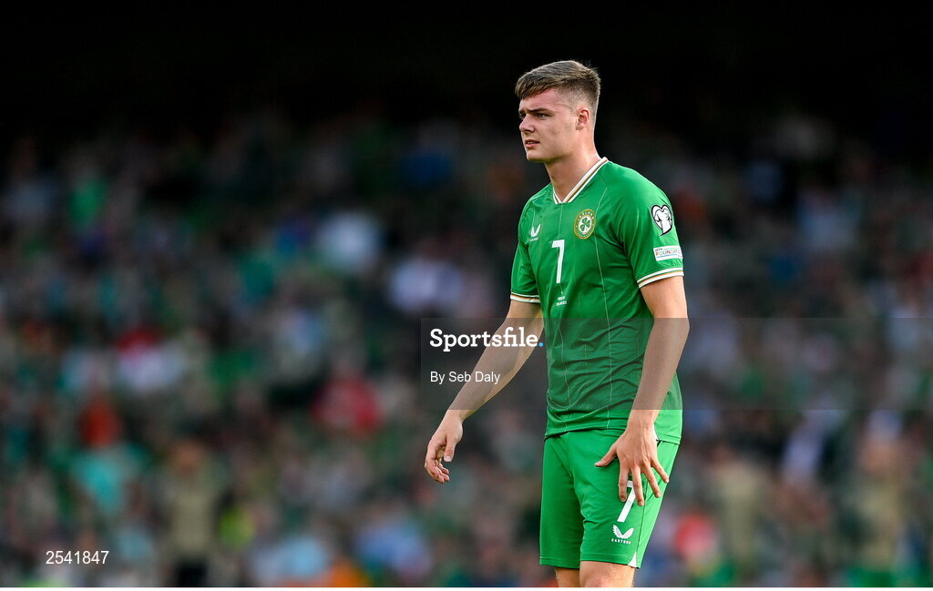 19 June 2023; Evan Ferguson of Republic of Ireland during the UEFA EURO 2024 Championship qualifying group B match between Republic of Ireland and Gibraltar at the Aviva Stadium in Dublin. Photo by Seb Daly/Sportsfile