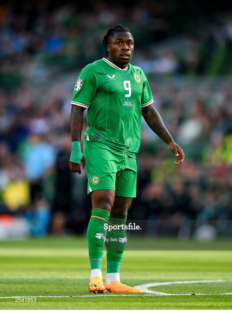 19 June 2023; Michael Obafemi of Republic of Ireland during the UEFA EURO 2024 Championship qualifying group B match between Republic of Ireland and Gibraltar at the Aviva Stadium in Dublin. Photo by Seb Daly/Sportsfile