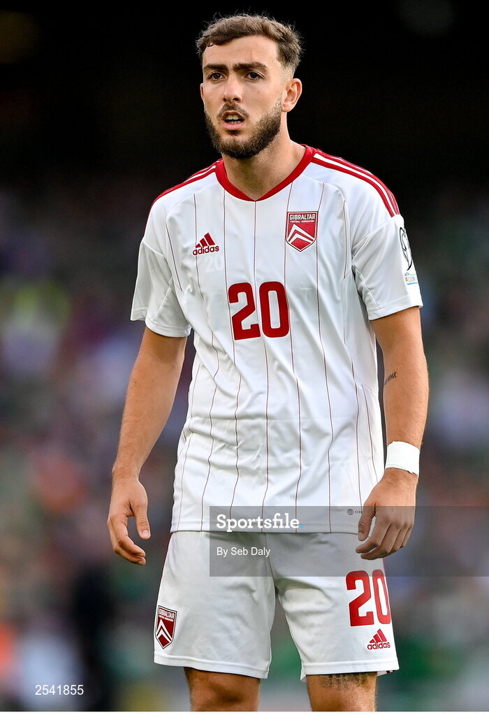 19 June 2023; Ethan Britto of Gibraltar during the UEFA EURO 2024 Championship qualifying group B match between Republic of Ireland and Gibraltar at the Aviva Stadium in Dublin. Photo by Seb Daly/Sportsfile