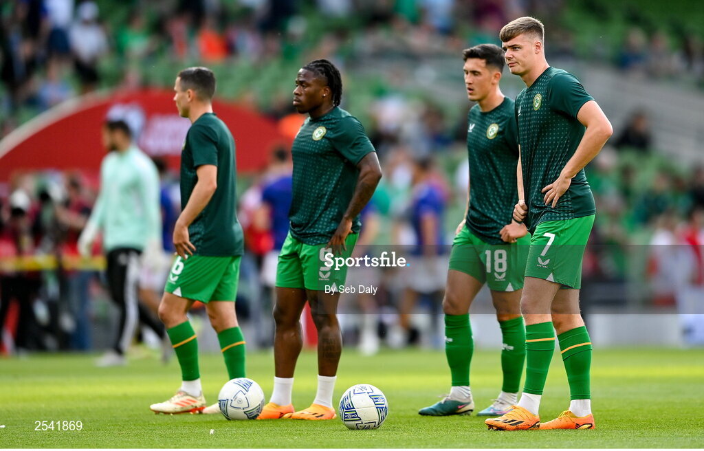 19 June 2023; Republic of Ireland players, from right, Evan Ferguson, Jamie McGrath, Michael Obafemi and Josh Cullen before the UEFA EURO 2024 Championship qualifying group B match between Republic of Ireland and Gibraltar at the Aviva Stadium in Dublin. Photo by Seb Daly/Sportsfile