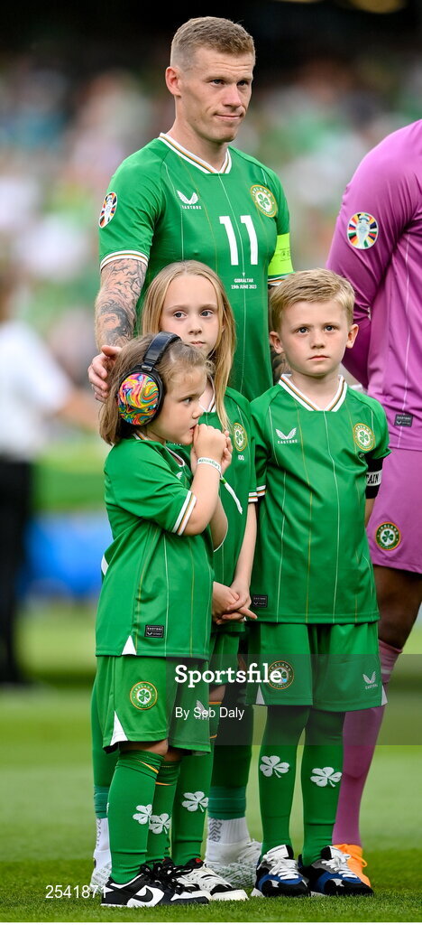 19 June 2023; Republic of Ireland captain James McClean with his son Junior James, right, and daughters Willow Ivy, left, and Allie Mae before the UEFA EURO 2024 Championship qualifying group B match between Republic of Ireland and Gibraltar at the Aviva Stadium in Dublin. Photo by Seb Daly/Sportsfile